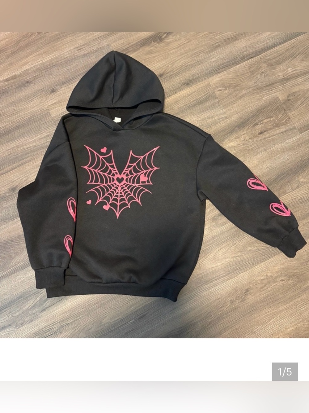 SHEIN Black Hoodie with Pink Spiderweb Heart Graphics
